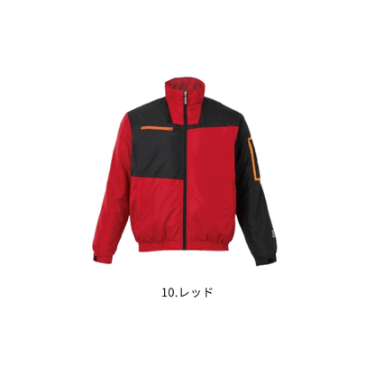 アタックベース（ATTACK BASE）8651 防寒ブルゾン 10.レッドの正面商品画像。レッドとブラックの切り替えデザインにオレンジのアクセントを取り入れた秋冬用中綿入り防寒ジャケット。右胸ファスナーポケットや左袖ペン差しを備えた機能的な作業服。建設業・土木作業・製造業・物流倉庫・配送業などの屋外作業から通勤・普段使いまで幅広くおすすめ