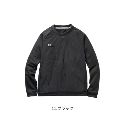 アタックベース（ATACK BASE）49551 HUMMER レヴスキンズインサレーションピステ 11.ブラックの正面商品画像。全体をブラックで統一したシンプルでスポーティーなデザイン。前面中綿仕様と右胸ポケットを備え、防風・保温・ストレッチ機能を兼ね備えた秋冬用ワークウェア。製造業・物流業・建設現場・通勤・普段使いにも活躍。