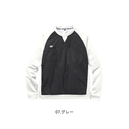 アタックベース（ATACK BASE）49551 HUMMER レヴスキンズインサレーションピステ 07.グレーの正面商品画像。ホワイトの袖とブラックの前面中綿生地を組み合わせたバイカラーデザイン。右胸ポケット付きで、防風性・保温性・ストレッチ性を備えた秋冬用長袖ワークウェア。建設作業・倉庫作業・配送業・アウトドア・普段着にもおすすめ。