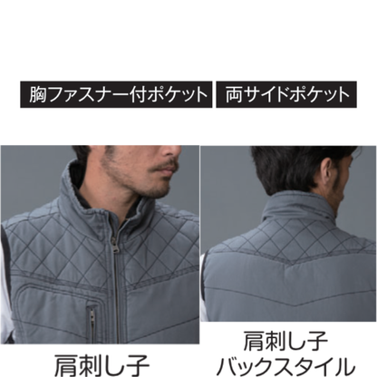 アタックベース 01300 綿中綿ベスト 胸ファスナー付きポケット 両サイドポケット 肩刺し子 バックスタイル 防寒作業服 ディテール画像