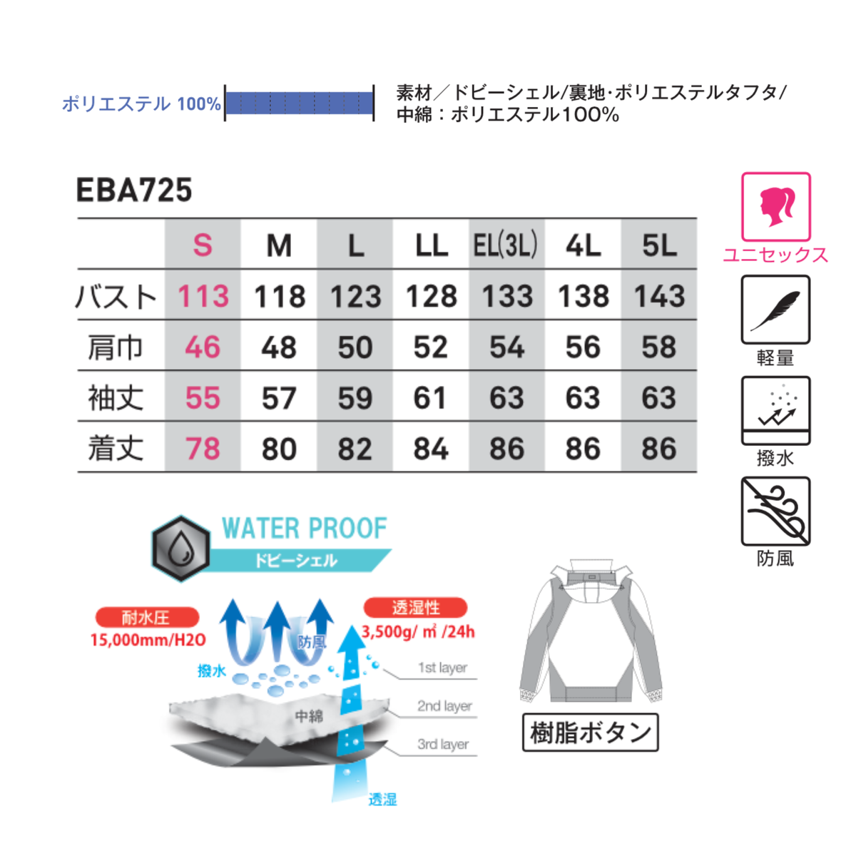 EBA725_秋冬　防寒コート　防風　軽量　撥水