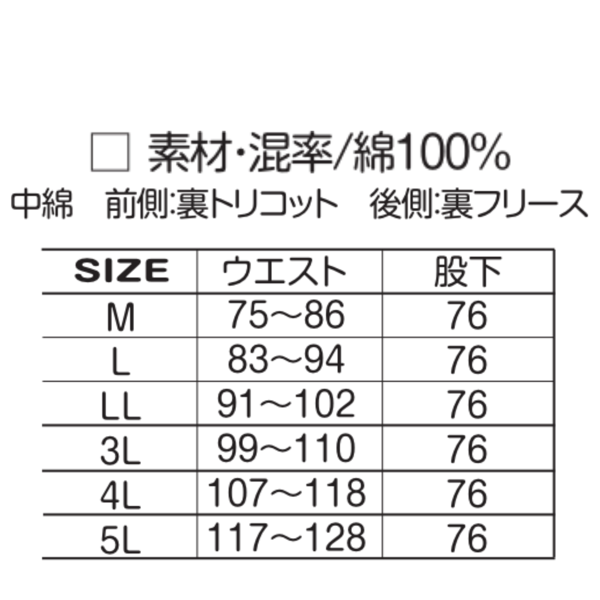 アタックベース 0322 防寒パンツ サイズ表 M～5L 綿100％ 中綿 前側裏トリコット 後側裏フリース ウエスト 股下サイズ一覧