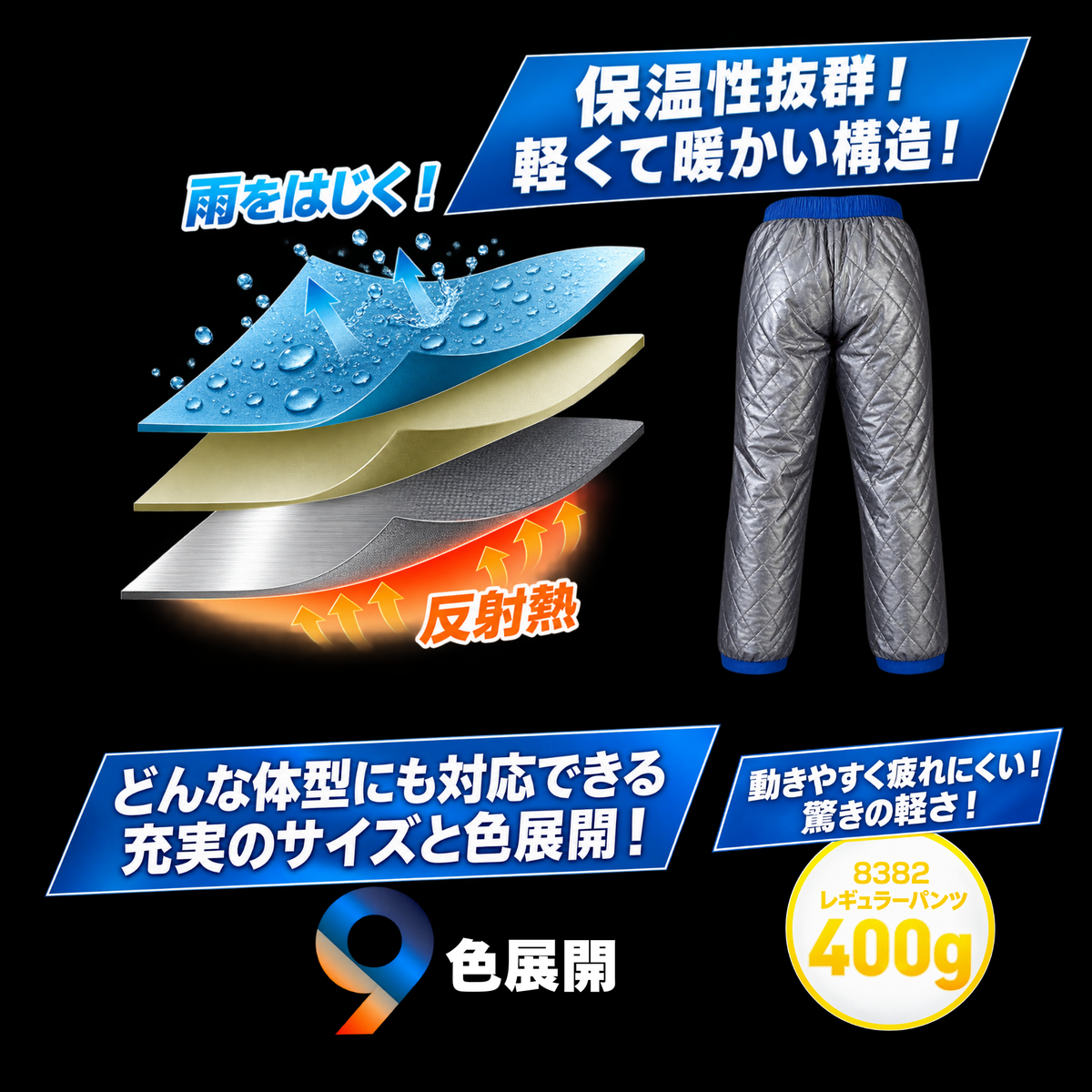 8382_秋冬　防寒パンツ　軽量 防水 アルミシート素材