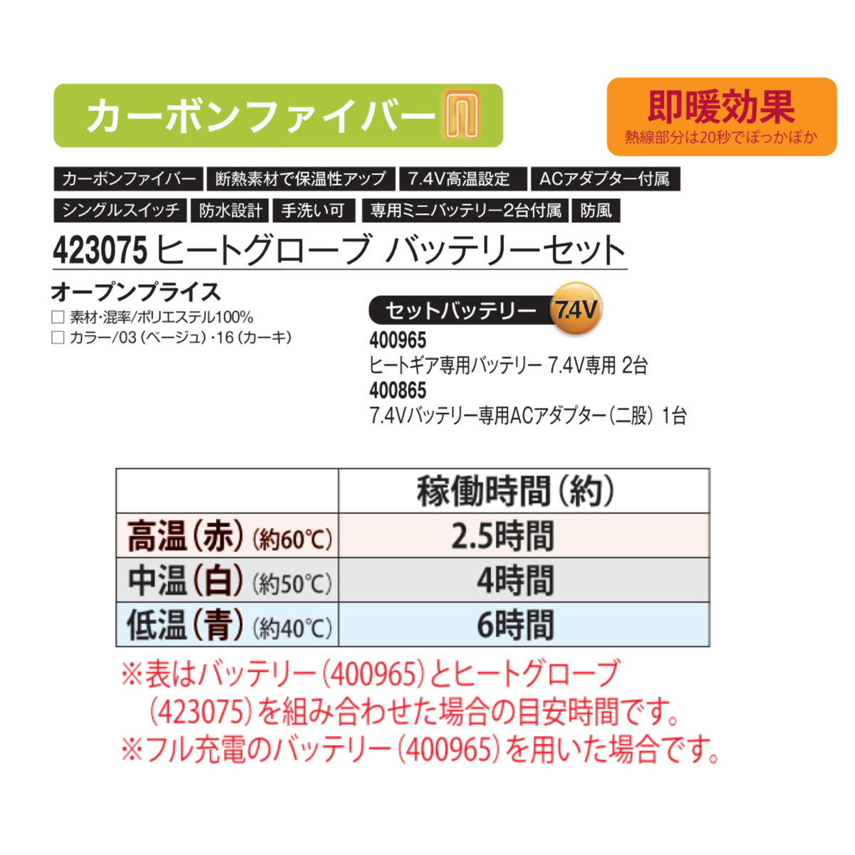【10月末入荷】423075_秋冬　ヒートグローブバッテリーセット　手袋