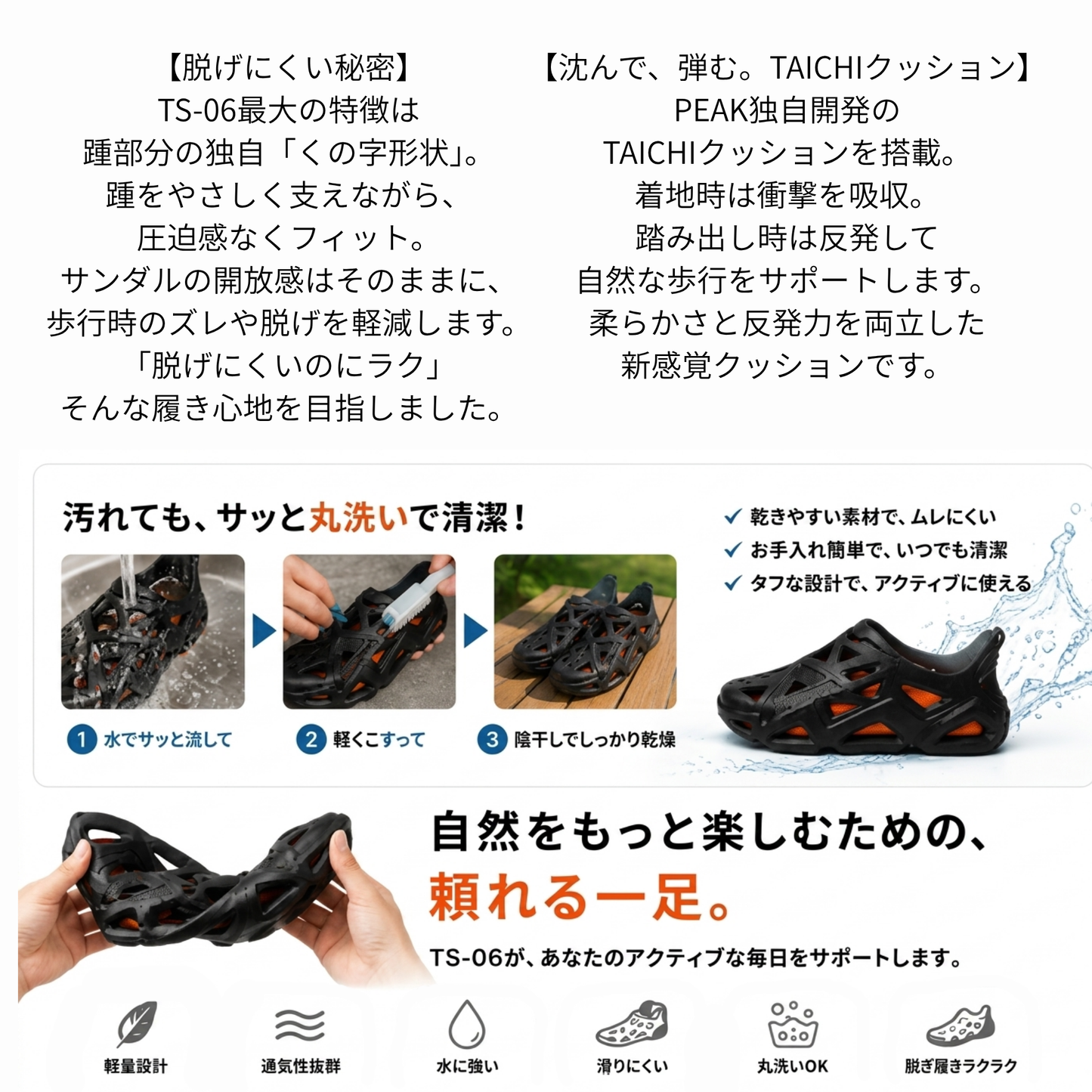 TS-06 PEAK TAICHI HOLES1.0 アシストサンダル ブラック×オレンジ