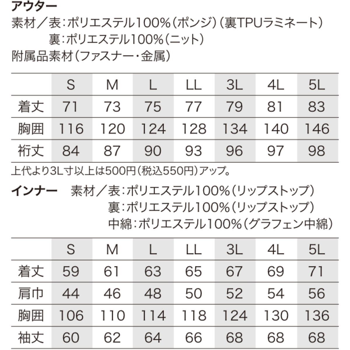 クロダルマ KURODARUMA 54378 3WAY防寒ジャケット アウター・インナー素材詳細およびサイズ表 S・M・L・LL・3L・4L・5Lの7サイズ展開 アウターはポリエステル100％ポンジ素材・裏TPUラミネート仕様 インナーはポリエステル100％リップストップ素材・グラフェン中綿を採用 着丈・胸囲・裄丈・肩巾・袖丈のサイズ詳細を掲載 秋冬用防寒作業服 建設現場・土木作業・運送業・配送業・物流倉庫・工場作業・製造業・農作業・林業・設備工事・警備・交通誘導・屋外作業・釣り・キャンプ・アウトドアにおすすめの多機能防寒ブルゾン