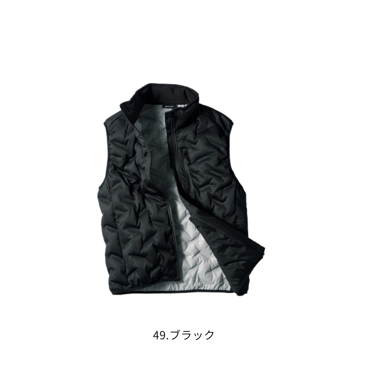 クロダルマ KURODARUMA 54376 シームレスストレッチ防寒ベスト 49ブラックのフロント画像。立体的なシームレス加工とグラフェンプリント裏地を採用した中綿入り防寒ベスト。撥水・防風・ストレッチ・軽量・保温機能を備え、首元にはフリース素材を使用。建設現場・土木作業・製造業・物流倉庫・運送業・配送業・農作業・屋外作業・キャンプ・アウトドアなど、秋冬の防寒対策におすすめの作業服。