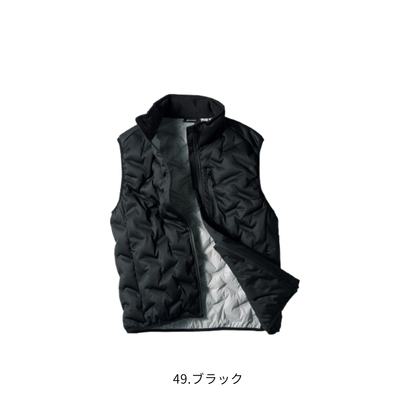 クロダルマ KURODARUMA 54376 シームレスストレッチ防寒ベスト 49ブラックのフロント画像。立体的なシームレス加工とグラフェンプリント裏地を採用した中綿入り防寒ベスト。撥水・防風・ストレッチ・軽量・保温機能を備え、首元にはフリース素材を使用。建設現場・土木作業・製造業・物流倉庫・運送業・配送業・農作業・屋外作業・キャンプ・アウトドアなど、秋冬の防寒対策におすすめの作業服。