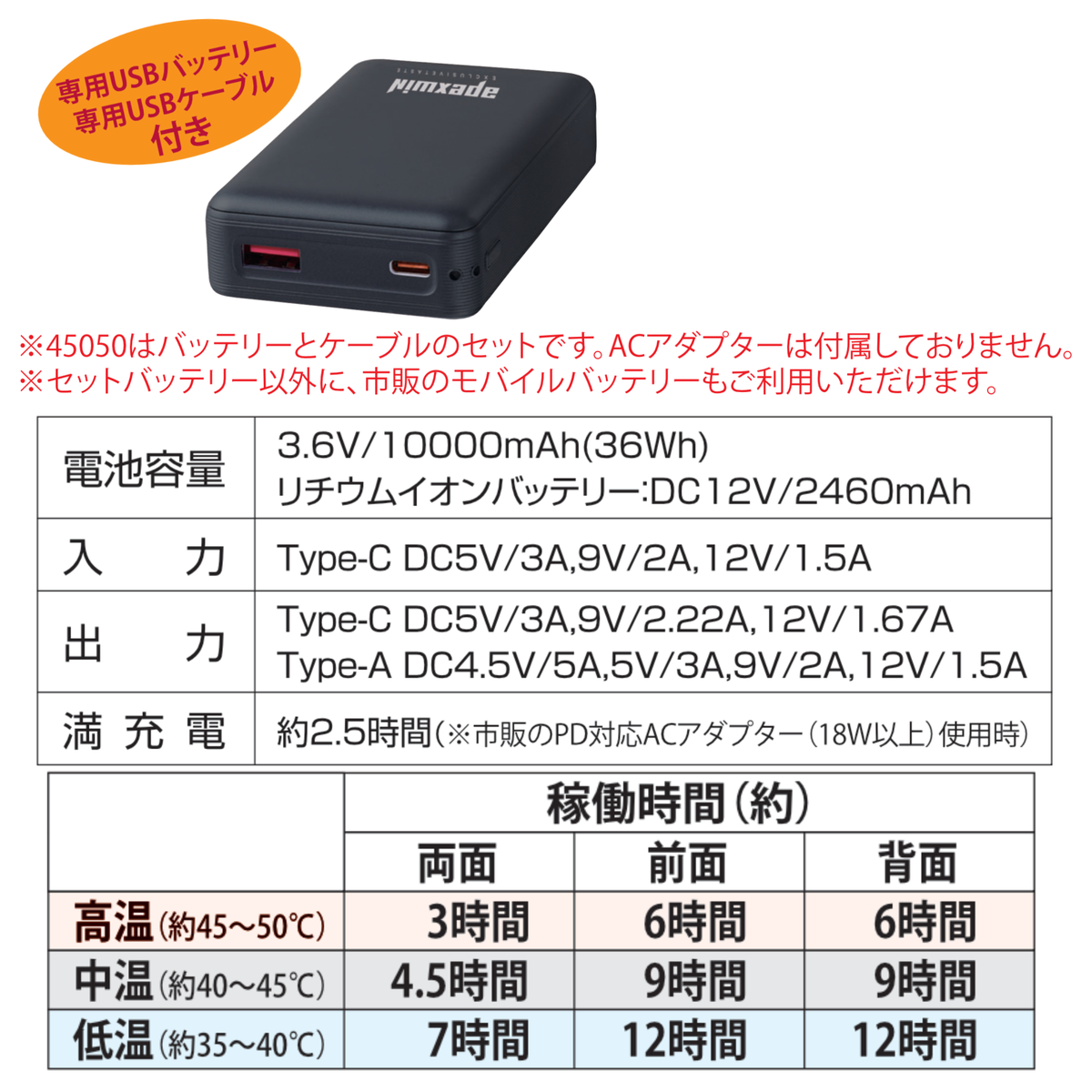 アタックベース 45050 シングルスイッチヒートインナーベスト専用USBバッテリーセット 10000mAh 充電ケーブル付き 3段階温度調節 高温・中温・低温切替可能 最大約12時間稼働 USB給電式 電熱ベスト用バッテリー 秋冬防寒対策 作業現場・通勤・アウトドア向け
